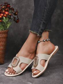 Sandalias planas tipo diapositiva mate vintage con hebilla de metal, versátiles y casuales para la playa o vacaciones, apropiadas para adolescentes y mujeres, de verano