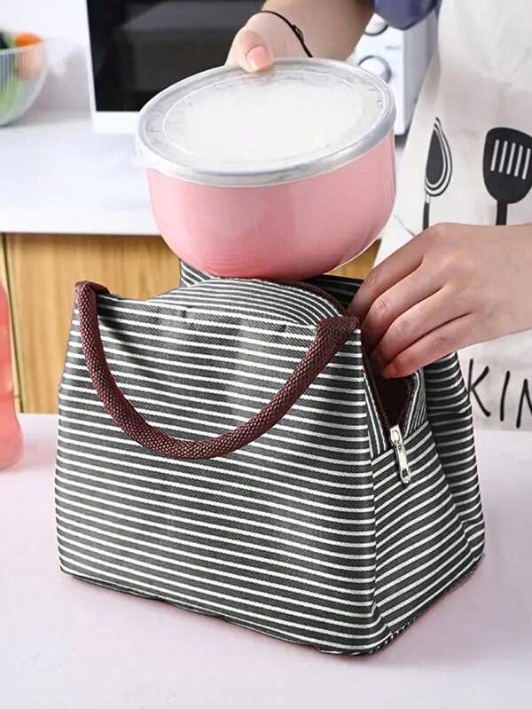 1pc Large Striped Insulated Lunch Bag - Oxford Cloth Thermal Lunch Box Tote With Zipper Closure, Hand Washable, Leak-Proof Rectangle Container - For Students & Office Workers - Suitable For School, Work & Picnics - Great Gift For Lunch Lovers,Lunch Bag Woman,Lunch Box For Women Bag For School School Accessories School Stuff
