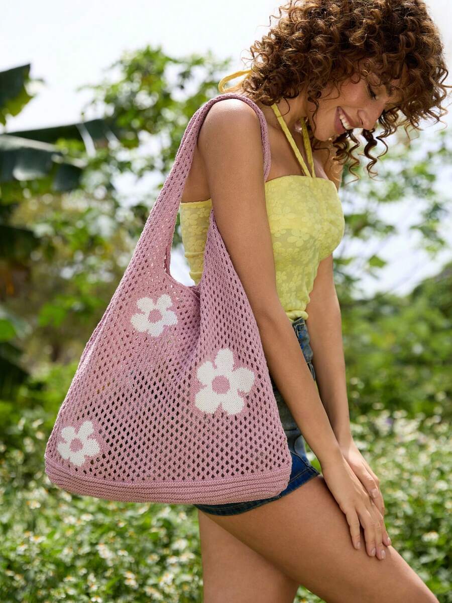 Tropiscape 1 pieza Bolso de mano tejido con estampado de flores, bolso de gran capacidad con diseño calado, bolso de playa y bolso de trabajo de moda, regalo de otoño e invierno, estilo cottage core, atuendo de verano - Rosa - Ver 1