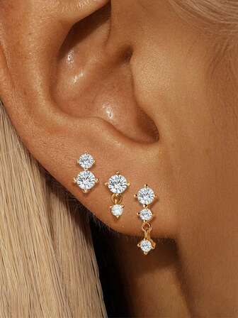 1/3Pcs Diamond Cubic Zirconia Drop Earrings Tiny Delicate Small Nose/Cartilage Stud Earrings Jewelry, Stacking Earrings Set Fashion Jewelry Gift For Women