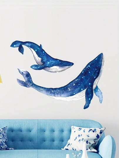 1pc Contemporary Cartoon Whale Wall Stickers, Detachable & Self-Adhesive Animal Decals For Bedroom, Living Room