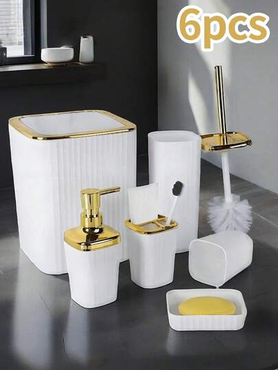6-Piece/Deluxe Bathroom Set, Equipped With Cleaning Tools, Toiletries And Accessories Including Soap Dish, Hydraulic Cup And Toothbrush Holder, White/Black Graduation Decorative Bathroom Accessories Bathroom Storage Rack.