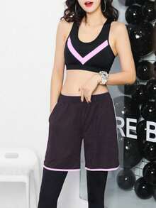 4 peças/Conjunto Monocromático Minimalista Roupa Esportiva de Ioga: Sutiã Esportivo, Camiseta Solta, Legging, Shorts Soltos Rosa Verão - Rosa chiclete - Visão 3