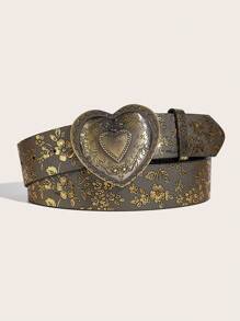 1pc Women's Retro Palace Style Heart-Shaped Metal Buckle Floral Embossed Waist Belt, Suitable For Everyday Wear