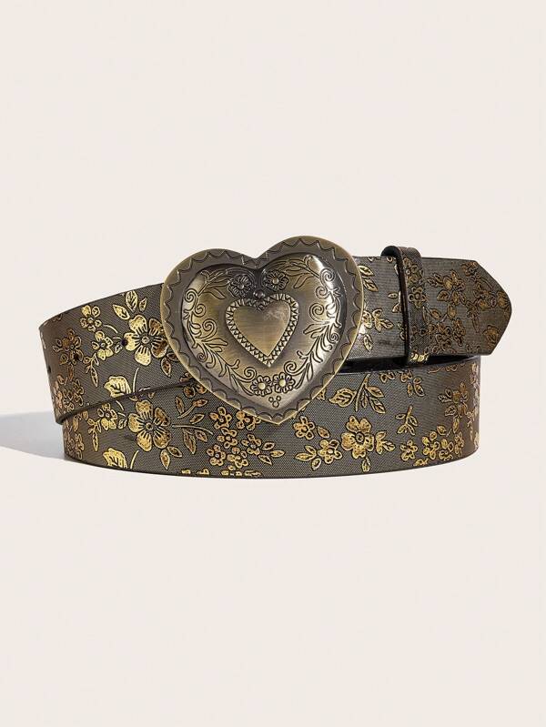 1pc Women's Retro Palace Style Heart-Shaped Metal Buckle Floral Embossed Waist Belt, Suitable For Everyday Wear