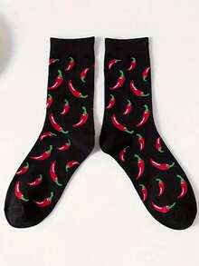 1 Pair Women's Fashionable Chili Print Elastic Mid-Calf Socks, Suitable For Sports And Streetwear