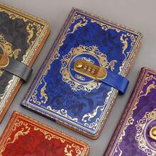 1 Pc Password Lock Notebook Retro Diary Clipbook Meeting Minutes Student Office Available Locked Notebook,School Supplies,Back To School - Multicolor - View 4