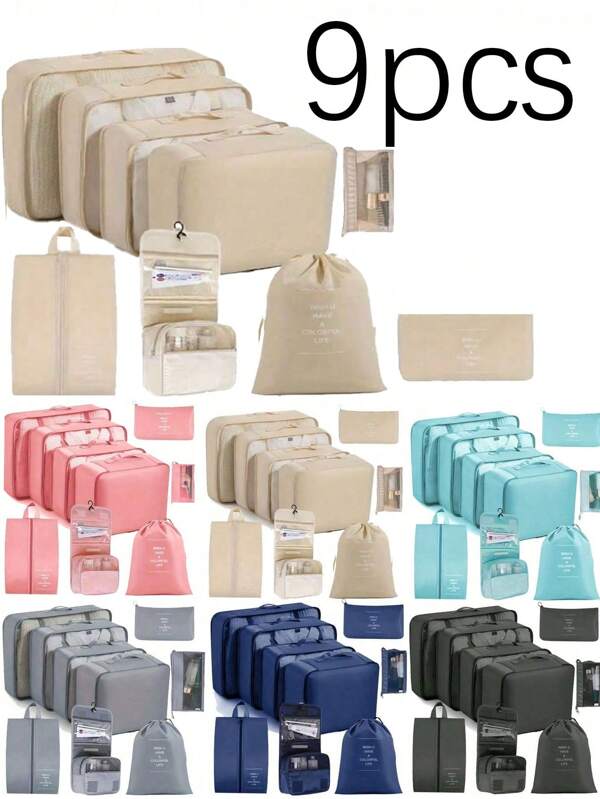 9pcs/7pcs/1pc Travel Organizer Set, Packing Cubes, Clothes Storage Bags, Toiletry Bag, Makeup Bag, Data Cable Organizer, Shoe Bag, Underwear Pouch, Garment Organizer, Suitable For Shirts, Lingerie, Clothing, Cosmetics, Lipsticks, Eyeshadow, Foundation, Brushes And Toiletries Like Toothbrush, Toothpaste, Facial Cleanser, Toner, Lotion, Cream, For Travel, Hospitalization, Packing Luggage, Dorm, School, Vacation