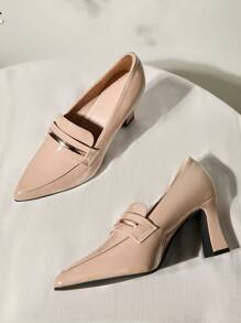 Women Minimalist Loafers, Artificial Patent Leather Point Toe Chunky Heeled Elegant Pumps