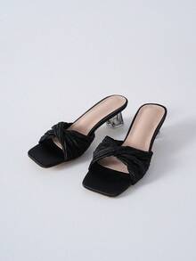 女士高跟凉鞋，新款夏季透明低跟粗跟拖鞋，时尚玫瑰红方头水晶粗跟鞋，圣诞冬季圣诞礼物 - 黑色 - 查看 11