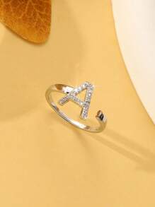 1pc Minimalist 26 Alphabet Letter Design Copper Paved Zirconia Stone Open Ring, Suitable For Women, Best Gift For Family And Friends