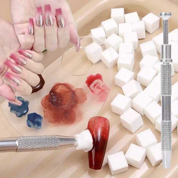 TOEDO 100 Stück weiße/bunte quadratische Farbverlauf Nagelschwamm Set, weiche Mini Nägel Verwischpinsel Werkzeug, DIY Maniküre Make-up Schwamm mit Greifstift