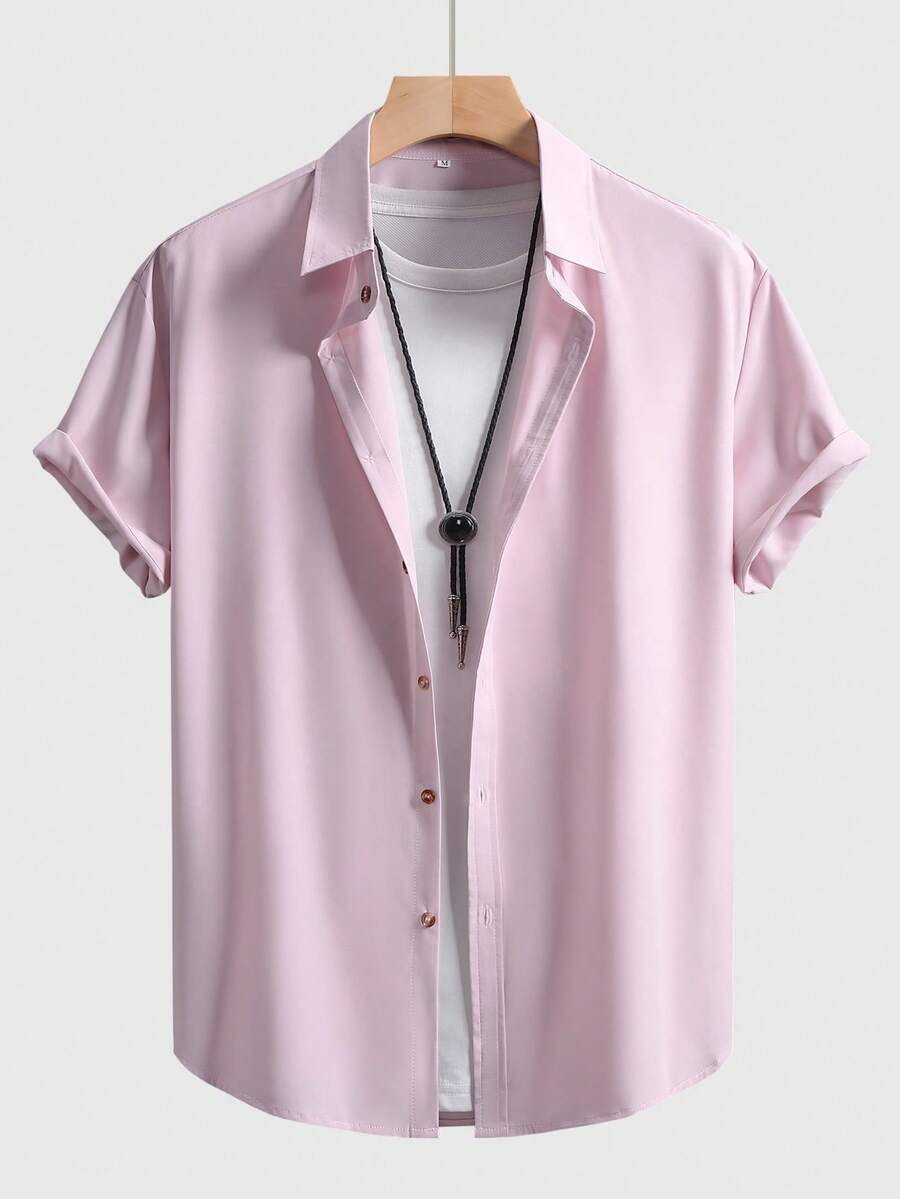 Men's Solid Color Business Casual Short Sleeve Shirt - Dusty Pink - View 1