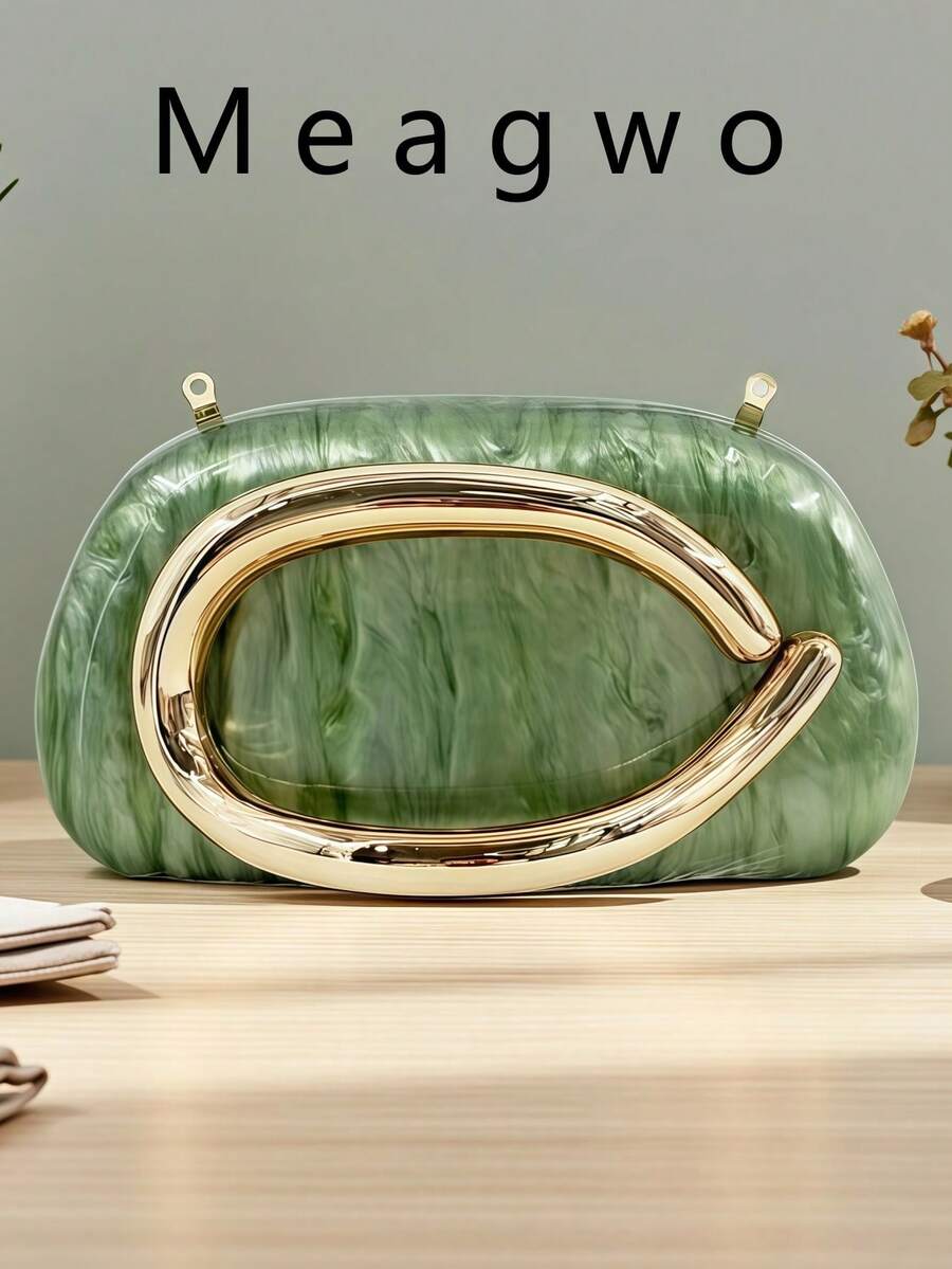 New European & American Style Women One Shoulder/Crossbody Bag, Asymmetric Shell Shape Acryllic Round Box Clutch, Fashion Handbag For Wedding And Evening Party - Army Green - View 1