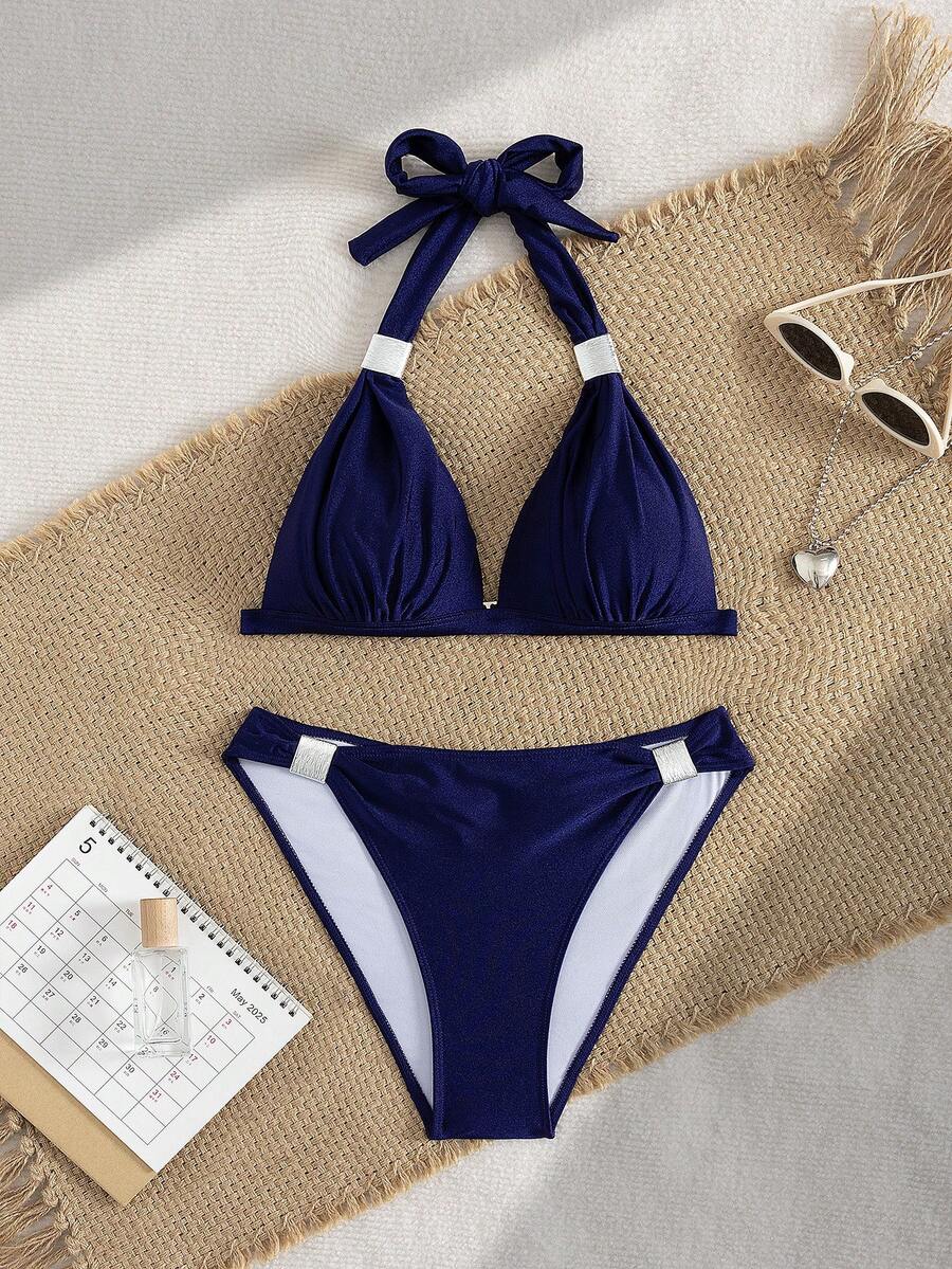 Conjunto de bikini de dos piezas con estilo europeo y americano nuevo para mujer, unicolor, lindo y sexy con espalda descubierta para playa y vacaciones de verano