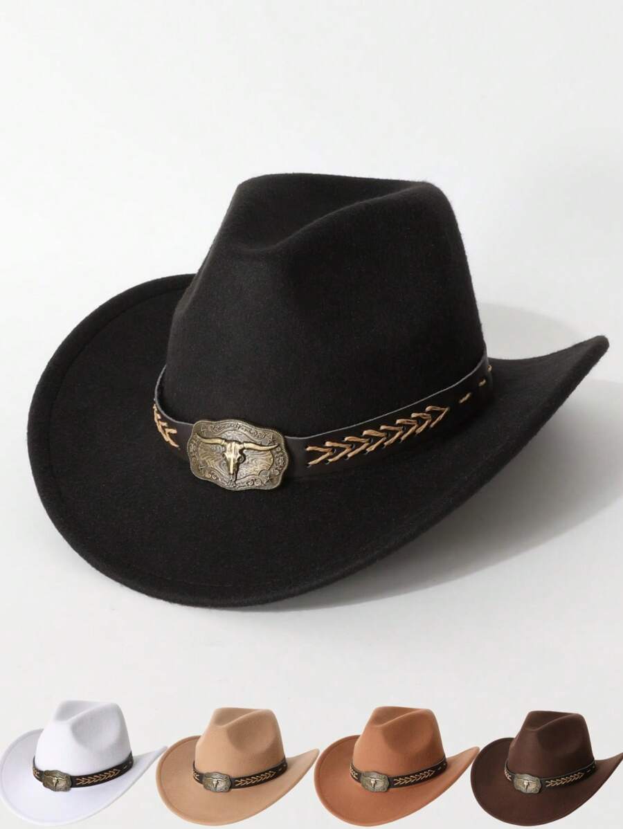 1pc Women's Solid Color Retro Bull Accessory, Cowgirl Hat, Jazz Hat, Panama Hat, Suitable For Cowboy Themed Events, Vintage Parties, Cosplay, Costume Nights, Festival Galas, Bachelor Parties, Birthday Celebrations, Stage Performances, Daily Wear