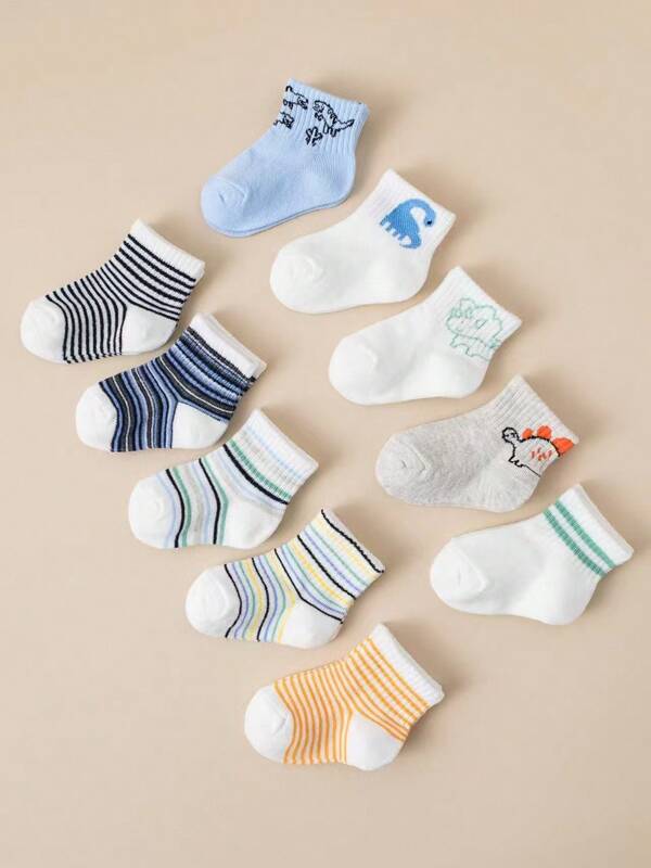 10 Pairs Of Baby Boys Cute Dinosaur Socks Toddler Stretch Socks