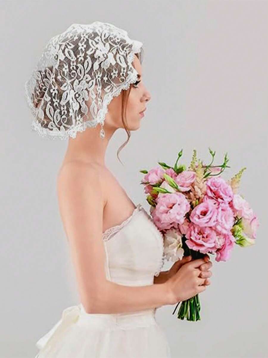 1 件女式头巾蕾丝头巾刺绣教堂面纱，短面纱，刺绣头饰，花卉蕾丝教堂帽，圆形花卉蕾丝头纱斗篷，白色 - 彩色 - 查看 1