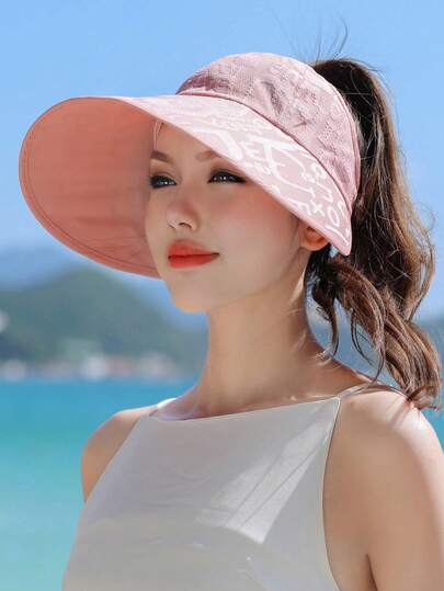 1 Pieza - Sombrero de verano para mujer, con ala ancha, abierto en la parte superior, para protegerse del sol; una cubierta facial con protección UV, adecuada para ciclismo al aire protección solar (las letras en el sombrero son aleatorias)