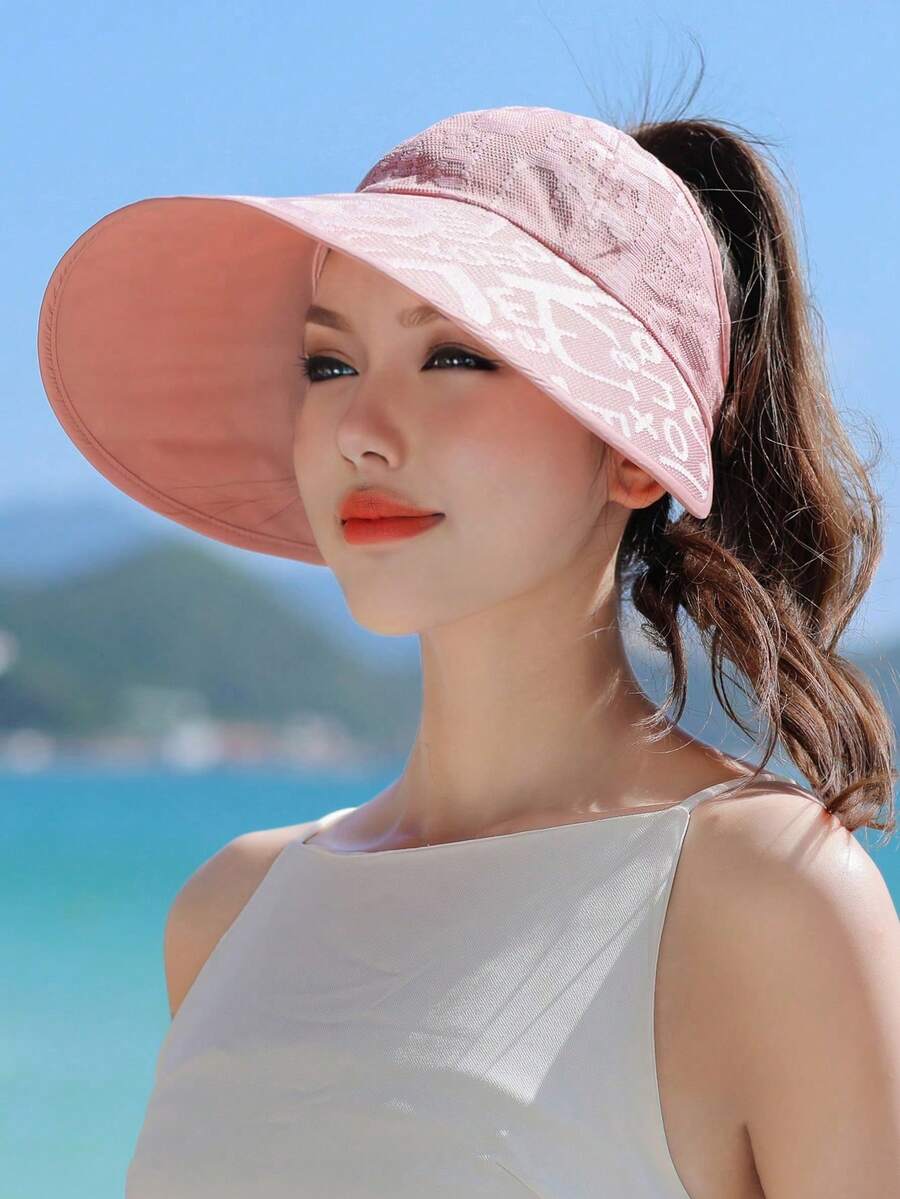 女士宽檐遮阳帽，顶部透气设计，防紫外线，适合户外骑行和防晒（帽子上的字母随机），夏季、海滩、度假、旅行 - 遮陽帽 - 查看 1