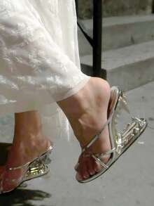 Women's Wedge  Sandals  Round Open Toe Heels  Metallic Shark Tiger Teeth Heeled Sandals Slingback Slip On Thong Heeled Slides Sandals Summer Elegant Outfit  - 銀色 - 查看 2