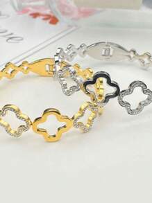 1pc Stainless Steel 18k Gold Plated Hollow Four-Leaf Clover Bangle Bracelet With Spring Clasp, Perfect Gift For Women On Valentine's Day Or Holidays