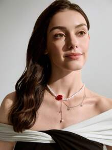 Faux Pearl & Flower Charm Y Lariat Necklace Valentines,Mom,Mother,Mother's Day,Gift
