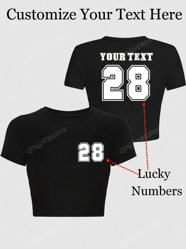 Customized Women Short Crop Top T-Shirt, Customizable Front & Back Logo, Team Uniform, Lucky Number, Sports Jersey, Anniversary, Couple Name, Best Friend Birthday, Short Sleeve Summer Top