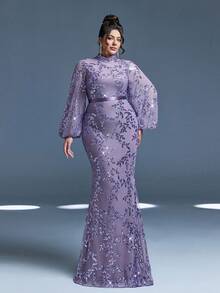 Mgiacy,New Arrival,Stand-Up Collar,Sequin,Noble,Plus Size Evening Gown Dress,Perspective,Belt,Lantern Sleeve,Bodycon,Mermaid Hem Dress - 紫色 - 查看 2