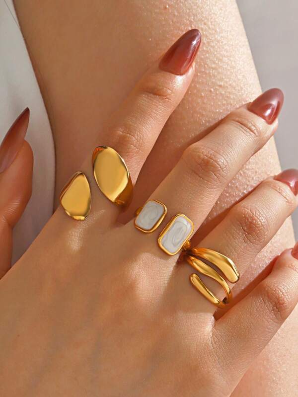 Set de 3 piezas de anillos geométricos de estilo minimalista, chapados en oro de 18k, de acero inoxidable, adecuados para uso diario