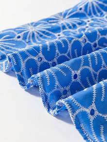 Acelitt Sky Blue Floral Embroidery Ruffle Hem Petal Sleeve Blouse, Summer - Blue - View 9