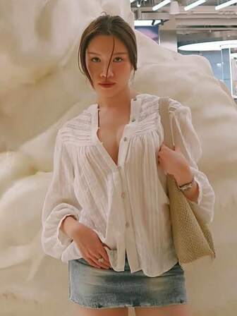 女士刺绣白衬衫立领长袖镂空装饰春夏新款女士衬衫上衣