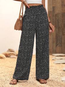 Pantalones anchos de pierna recta de cintura alta con lunares, cintura ajustada, pantalones casuales de pierna ancha estilizantes