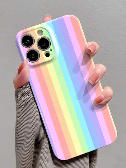 1 pieza Funda de teléfono dura con patrón de rayas minimalista y colorido, perforada y con filamento brillante, compatible con iPhone 11/12/13/14/15/16 Pro Max, resistente al agua, a los golpes y a los arañazos, regalo de primavera en tonos pastel