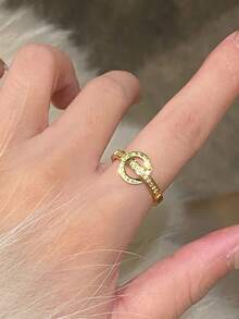 1pc Elegant & Charming Women Jewelry Gold Color Zirconia Embedded Double Circle Interlocked Ring, Fashion Ring For Women, Summer Accessories, Gift For Girlfriend/Mother/Graduation - Yellow Gold - View 1