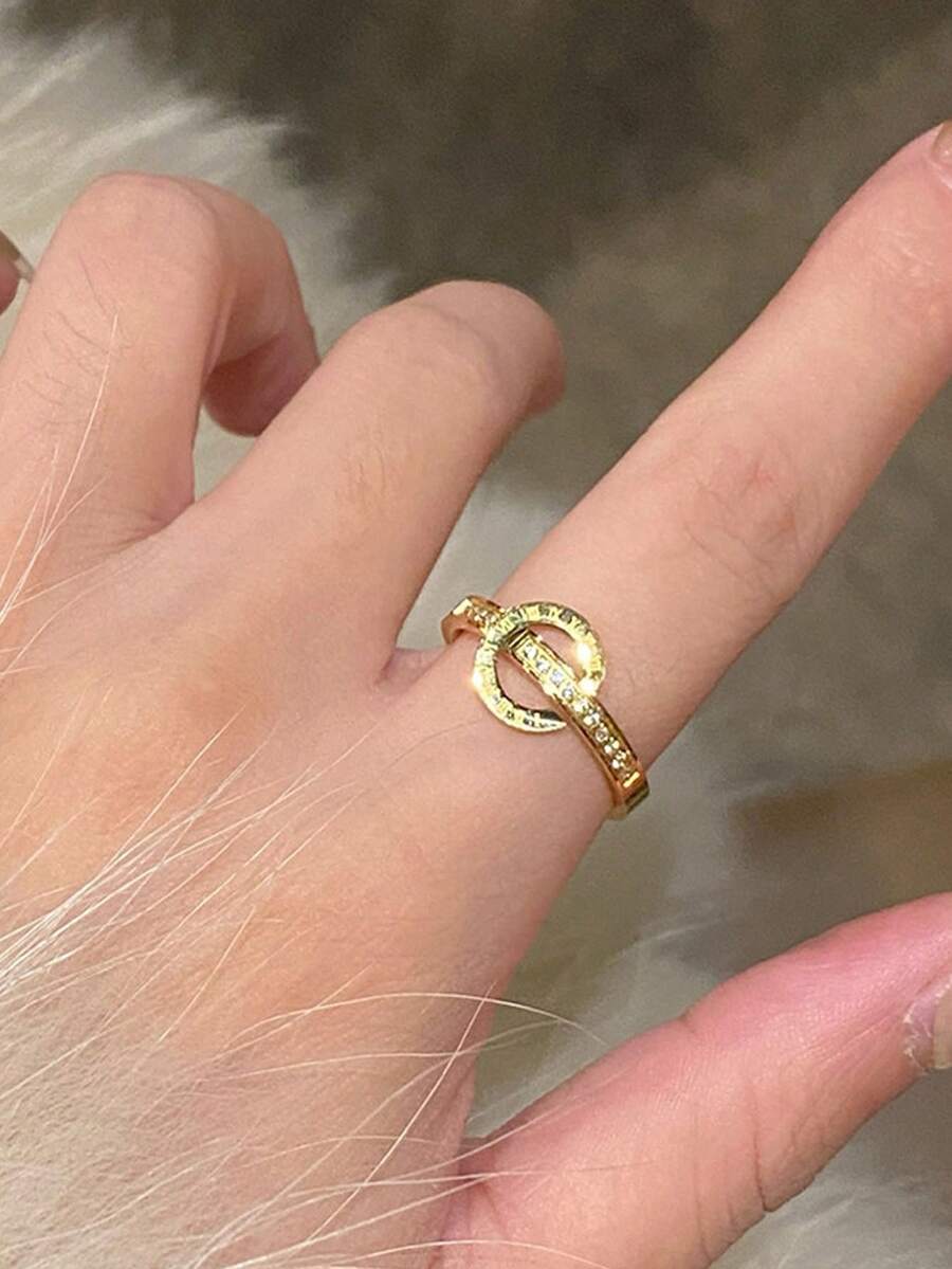 1pc Elegant & Charming Women Jewelry Gold Color Zirconia Embedded Double Circle Interlocked Ring, Fashion Ring For Women, Summer Accessories, Gift For Girlfriend/Mother/Graduation - Yellow Gold - View 1