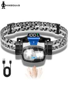 HIKEGUYS 头灯可充电数字显示，成人超轻头灯，8+1 种模式传感器 LED 头灯一键关闭，户外跑步徒步露营头灯，露营配件