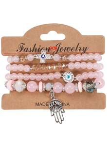 4pcs/Set Bohemian Style Glass Palm & Eye Beaded Layered Bracelet Set For Women - Pink - View 3