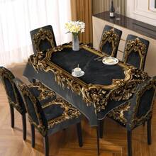 1/4/5/6/7 piezas Juego de 5/7 piezas, Juego de Mantel y Fundas de Silla, (1 Mantel + 4 Fundas de Silla o 1 Mantel + 6 Fundas de Silla) Fundas de Silla con Estampado Retro Moderno y Creativo, Adecuado para Decoración Diaria de Interior, Hogar, Restaurante, Hotel. Mantel Apto para Mesas Cuadradas, Fundas de Silla Elásticas Lavables