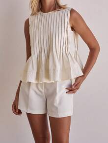 Women Summer Babydoll Tank Tops Casual Sleeveless Crewneck Pleated Ruffle Vest Fashion Loose Fit Peplum Blouse Y2K - 白色 - 查看 3