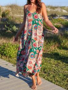 Đầm đi biển bohemian dáng rộng, hở lưng, in họa tiết cho kỳ nghỉ hè dành cho nữ - màu xanh lá - Xem 1