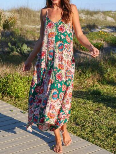 Vestido bohemio de playa para mujer con tirantes de espagueti, estampado, suelto, sin espalda y ajustable, para vacaciones de verano
