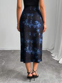 Women's Casual Floral Print Ruffle Hem A-Line Skirt - Blue - View 2