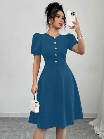 Women's Casual Solid Color Button Lantern Sleeve Mini Dress