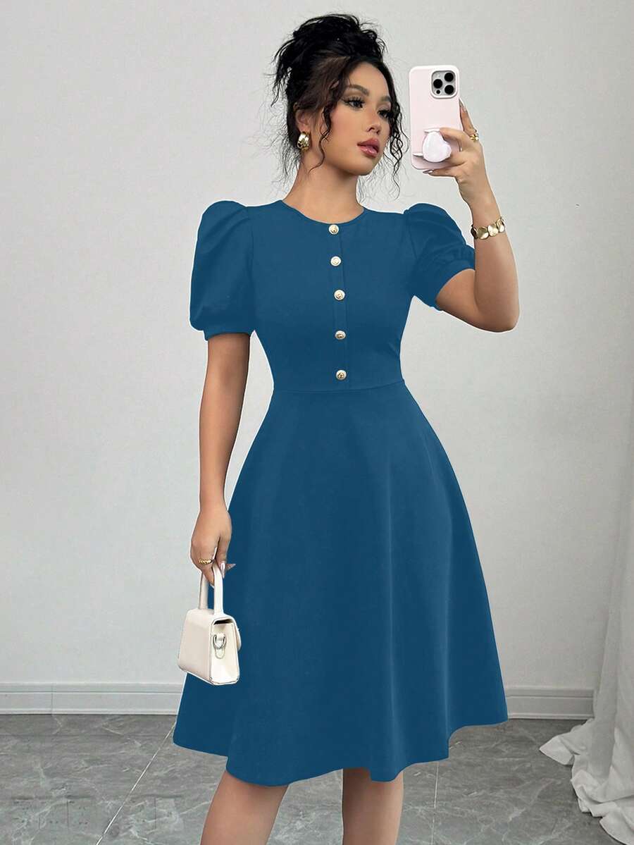 女士休闲纯色纽扣灯笼袖迷你连衣裙，优雅夏季款 - 湖藍色 - 查看 1