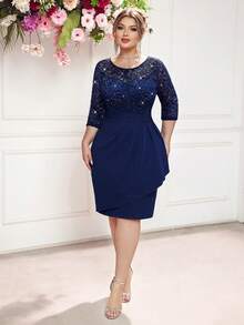 亮片花卉蕾丝撞色荷叶边裹身下摆晚会商务工作紧身连衣裙，优雅半正式婚礼宾客礼服，适合生日、毕业典礼、晚宴、返校节、鸡尾酒会 - 藏蓝色 - 查看 4