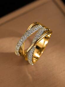 Boîte cadeau Bague de couleur argent avec ligne tourbillonnante de zircone cubique, bijoux pour femme, convient pour le mariage, cadeau de la Saint-Valentin - Doré - Voir 3