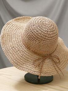 1 件女士手工编织纯色夏季太阳帽，防紫外线镂空草帽，日常旅行沙滩渔夫帽