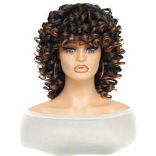 DZfirst 16 Inch Ombre Brown Curly Wig With Bangs, Heat Resistant Synthetic Fiber Wig, Suitable For Halloween And Christmas Costume Play - Ombre - View 3