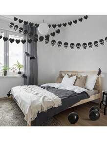 1 Set Gotischer schwarz herzförmiger Skelett Kranz Wimpel, schwarzer Filz Herzwimpel, Halloween Skelett Wimpel, geeignet für Gothik Geburtstags Party Deko - Halloween Heim Deko, Zimmer Deko, Feiertags Heim Deko und Party Hintergrund, Themenparty Deko